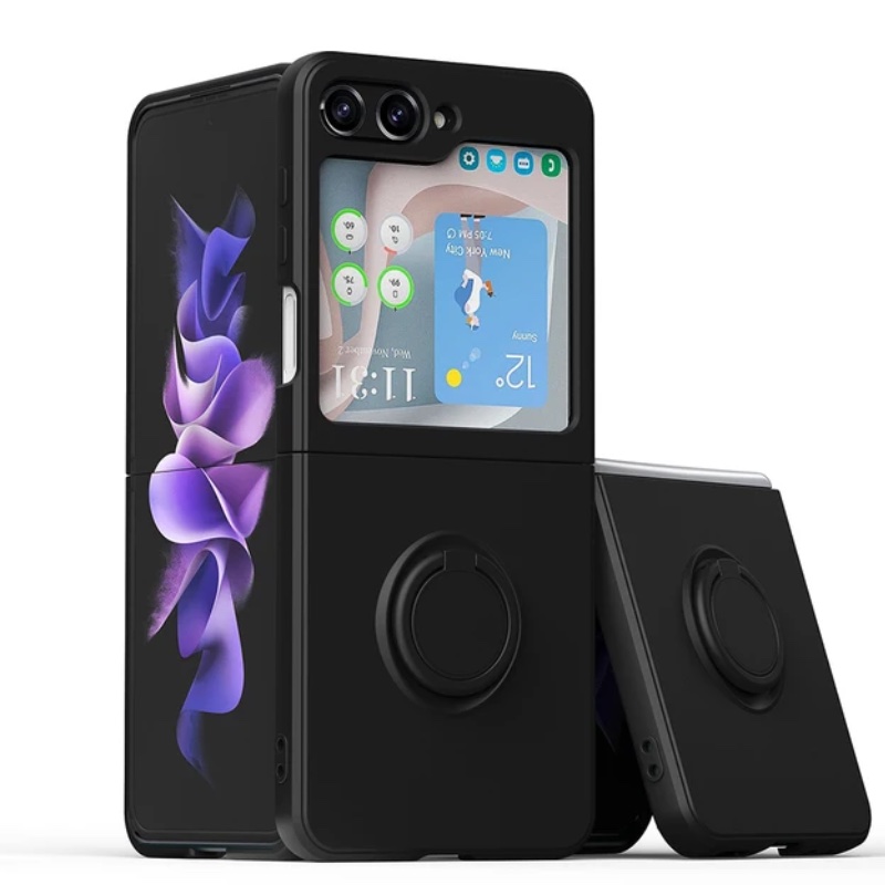 Plastikinis dėklas su žiedu ir kameros apsauga - juodas (Samsung Z Flip 6/Z Flip 7 Fe) Plastikinis dėklas su žiedu ir kameros apsauga - juodas (Samsung Z Flip 6/Z Flip 7 Fe)